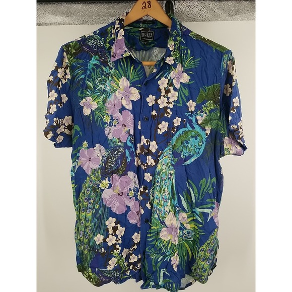 Guess Men's Hawaiian Shirt XL Blue Floral Short Sleeve Lightweight Slim Fit - Picture 1 of 5